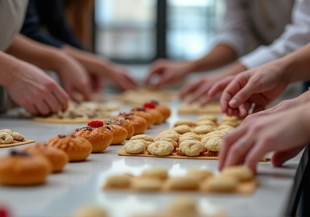 Persone che decorano pasticcini durante un corso di cucina